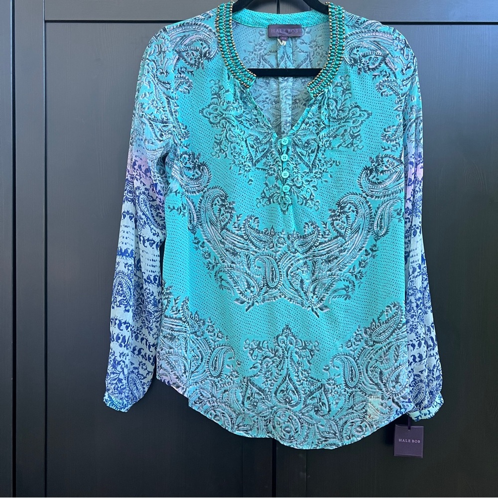 Hale Bop Semi Sheer Beaded Collar Long Sleeve Top Size XS NWT